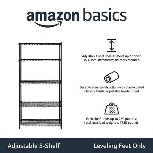 Amazon Basics 5 - Shelf Adjustable, Heavy Duty Wide Storage Shelving Unit (350 lbs Loading Capacity per Shelf), Steel Organizer Wire Rack, 36" L x 14" W x 72" H, Black - North State Signs & Printing