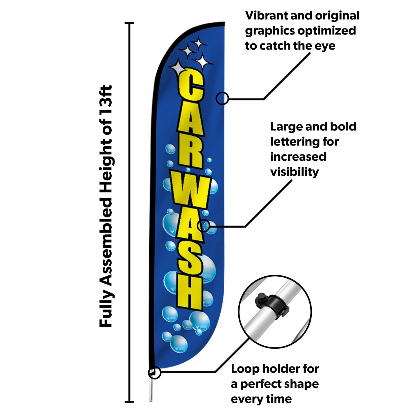 Car Wash Bubbles Feather Flag Pole Kit - 12 Feet Tall Advertising Flag Banner with Fiberglass Pole Kit and Ground Spike for Business Promotion - LookOurWay Car Wash Flags - Car Wash Bubbles - North State Signs & Printing