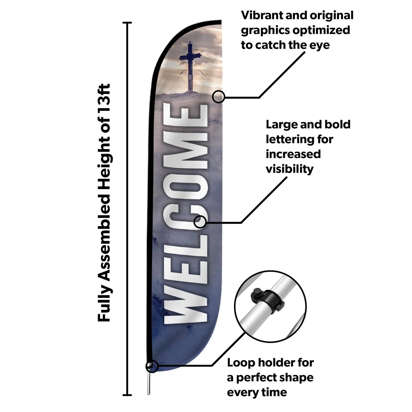 Church Theme (Welcome) Feather Banner Flag Set, Feather Banner, 12 ft Advertising Feather Flag with Fiberglass Poles and Ground Spike for Business Promotion LookOurWay - North State Signs & Printing