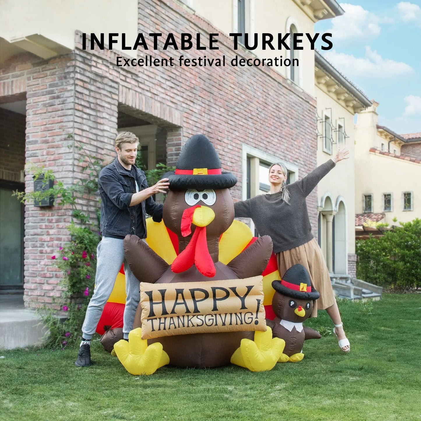 Happy Thanksgiving Inflatable LED Lighted Turkey Family Blow up Outdoor Lawn Yard Decoration VIVOHOME 6ft Height - North State Signs & Printing