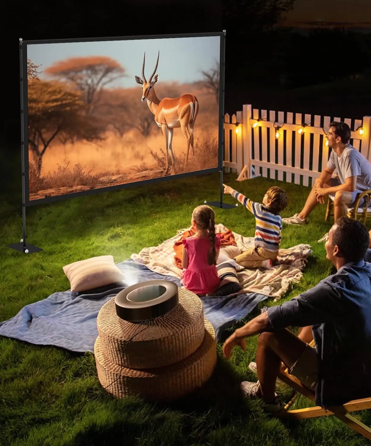 Outdoor - Projector - Screen - with - Stand - 120 inch Portable Projector Screen Indoor Outdoor Projector Screens 16:9 4K HD Lightweight Movie Screen with Carry Bag for Backyard Movie Night - North State Signs & Printing