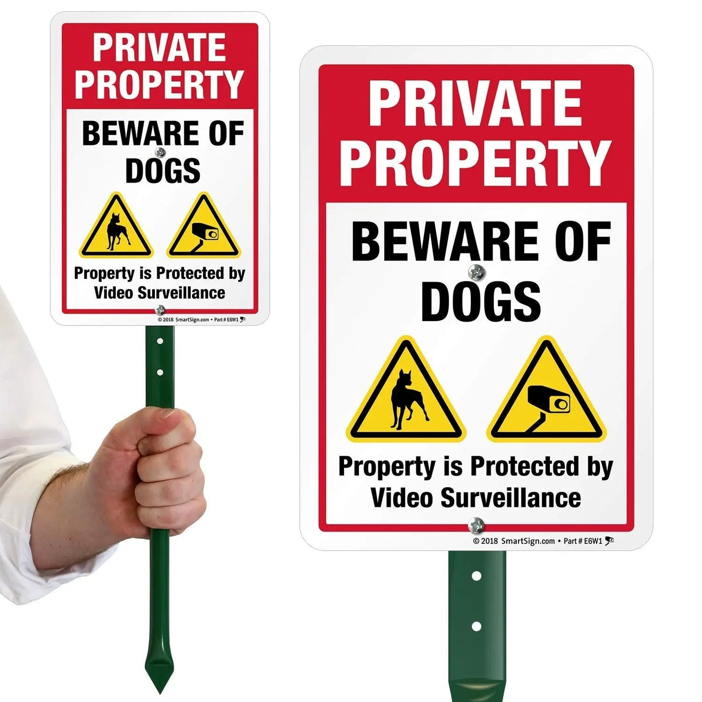 Private Property Beware of Dogs Sign with Stake | SmartSign 21" Tall Sign & Stake Kit - Property Protected by Video Surveillance Sign For Yard/Lawn | 10x7 Inches Aluminum Metal Sign, Made in USA - North State Signs & Printing
