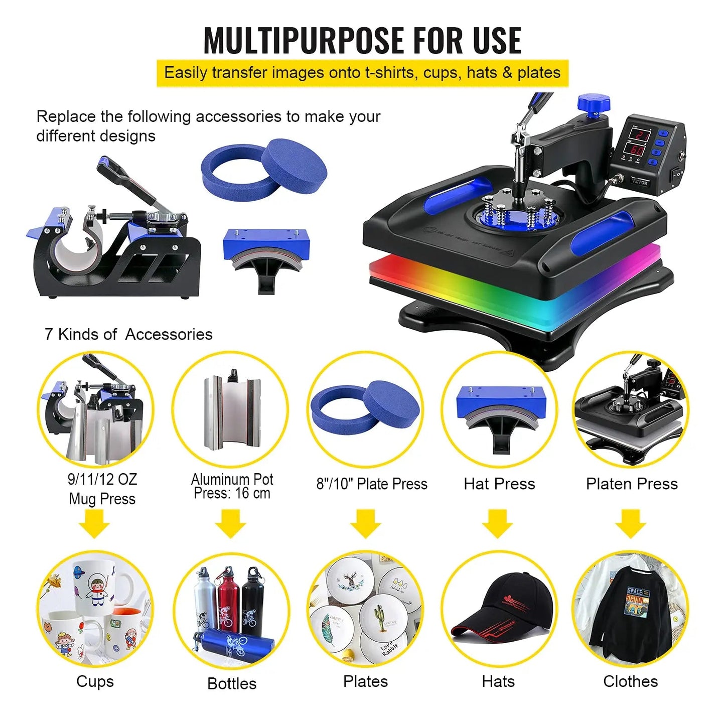 VEVOR 8 in 1 Heat Press Machine 15x15 Inch, 360° Swing Away Shirt Press Machine - North State Signs & Printing