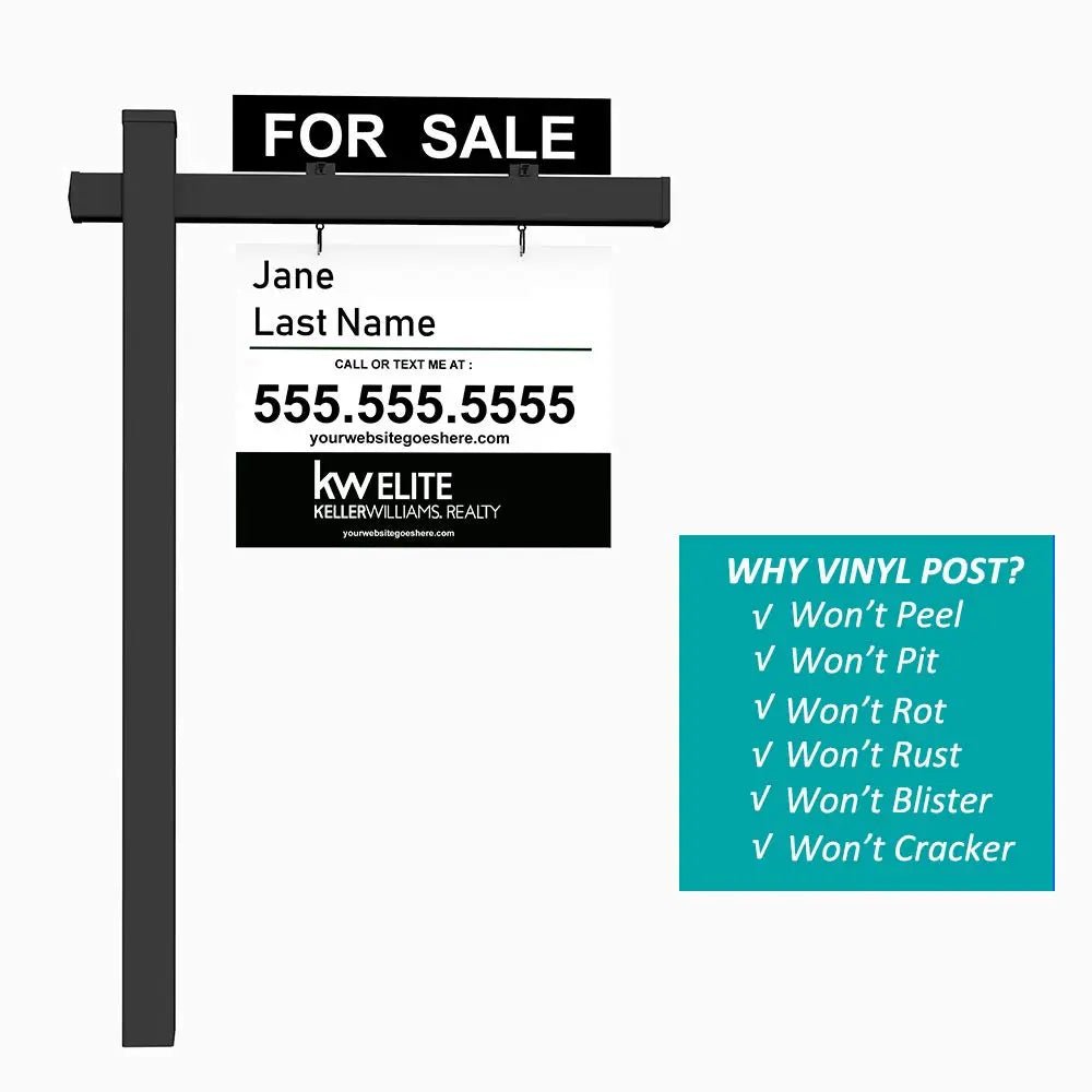 Vinyl PVC 6 - Feet Black Real Estate Sign Post with Flat Cap, Realtor Yard Sign Post for Open House and Home for Sale, 47" Arm Holds Up to 36" Sign(No Sign), 2 - PACK, Kdgarden - North State Signs & Printing