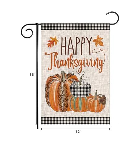 Happy Thanksgiving Fall Garden Flags for Outdoor,12x18 Double Sided,Harvest Buffalo Plaid Pumpkins Yard Flags,Small Thanksgiving Day Garden Decor for Autumn Outside Porch Lawn Holiday