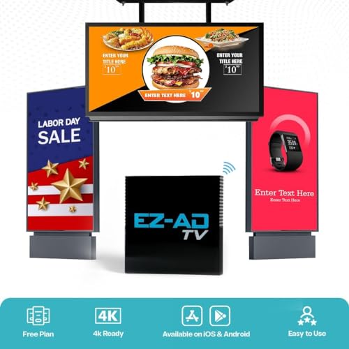 Digital Signage Player | Digital Signage 4k Player Kit, EZ-AD TV, Auto-Post Content, Cloud-Controlled | Independent Operation in Multiple TVs | Free Plan & Mobile App | Thousands of Templates