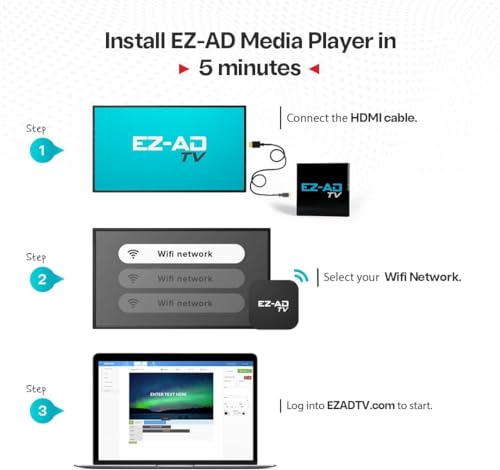 Digital Signage Player | Digital Signage 4k Player Kit, EZ-AD TV, Auto-Post Content, Cloud-Controlled | Independent Operation in Multiple TVs | Free Plan & Mobile App | Thousands of Templates