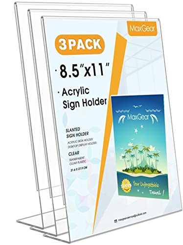 Acrylic Sign Holder, Clear Sign Holder Plastic Paper Holder Slant Back Sign Holders MaxGear 8.5x11 inches Sign Holder Plastic Display Stand for Office, Store, 3 Pack