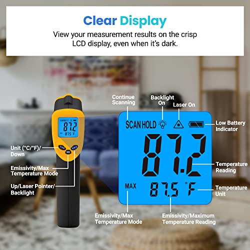 Etekcity Infrared Thermometer Laser Temperature Gun 774, Meat Food Candy Oven Thermometer for Griddle Accessories, Heat Gun for Cooking Refrigerator Tools, Yellow, -58°F to 842°F