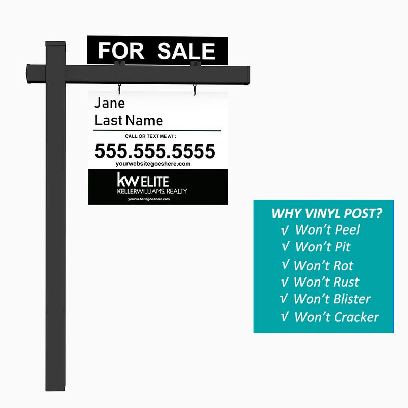 Kdgarden Vinyl PVC 6-Feet Black Real Estate Sign Post with Flat Cap, Realtor Yard Sign Post for Open House and Home for Sale, 47" Arm Holds Up to 36" Sign(No Sign), 2-PACK