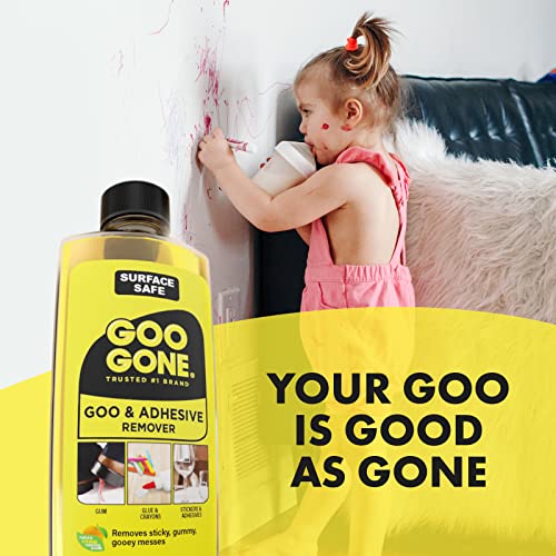 Goo Gone Adhesive Remover - 8 Ounce - Surface Safe Adhesive Remover Safely Removes Stickers Labels Decals Residue Tape Chewing Gum Grease Tar