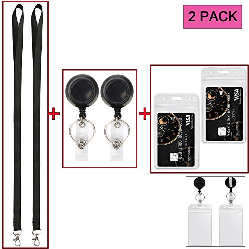 Lanyard Black Retractable Badge Reel with Badge Reel Clip for id Card Badges Holders Vertical Punched Zipper Waterproof 2 Pack YOUOWO