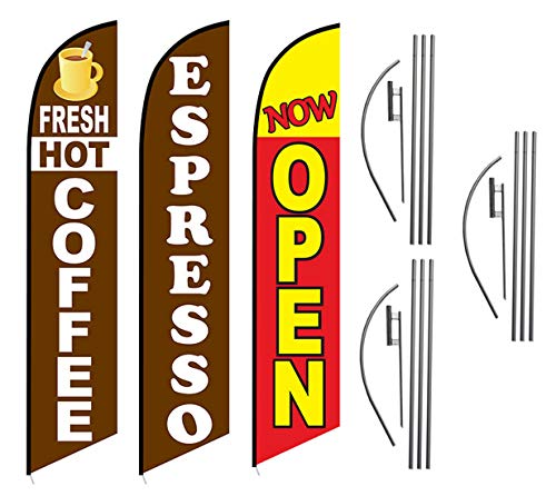 Fresh Hot Coffee Espresso Now Open Cafe Advertising Feather Flag Kits Package, Includes 3 Banner Flags, 3 Flag Poles, and 3 Ground Stakes