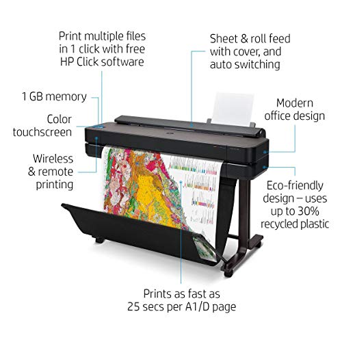 HP DesignJet T650 Large Format 36-inch Plotter Color Printer, Includes 2-Year Warranty Care Pack (5HB10H), Black