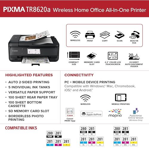 Canon PIXMA TR8620a - All-in-One Printer Home Office|Copier|Scanner|Fax|Auto Document Feeder | Photo, Document | Airprint (R), Android, Black, Works with Alexa