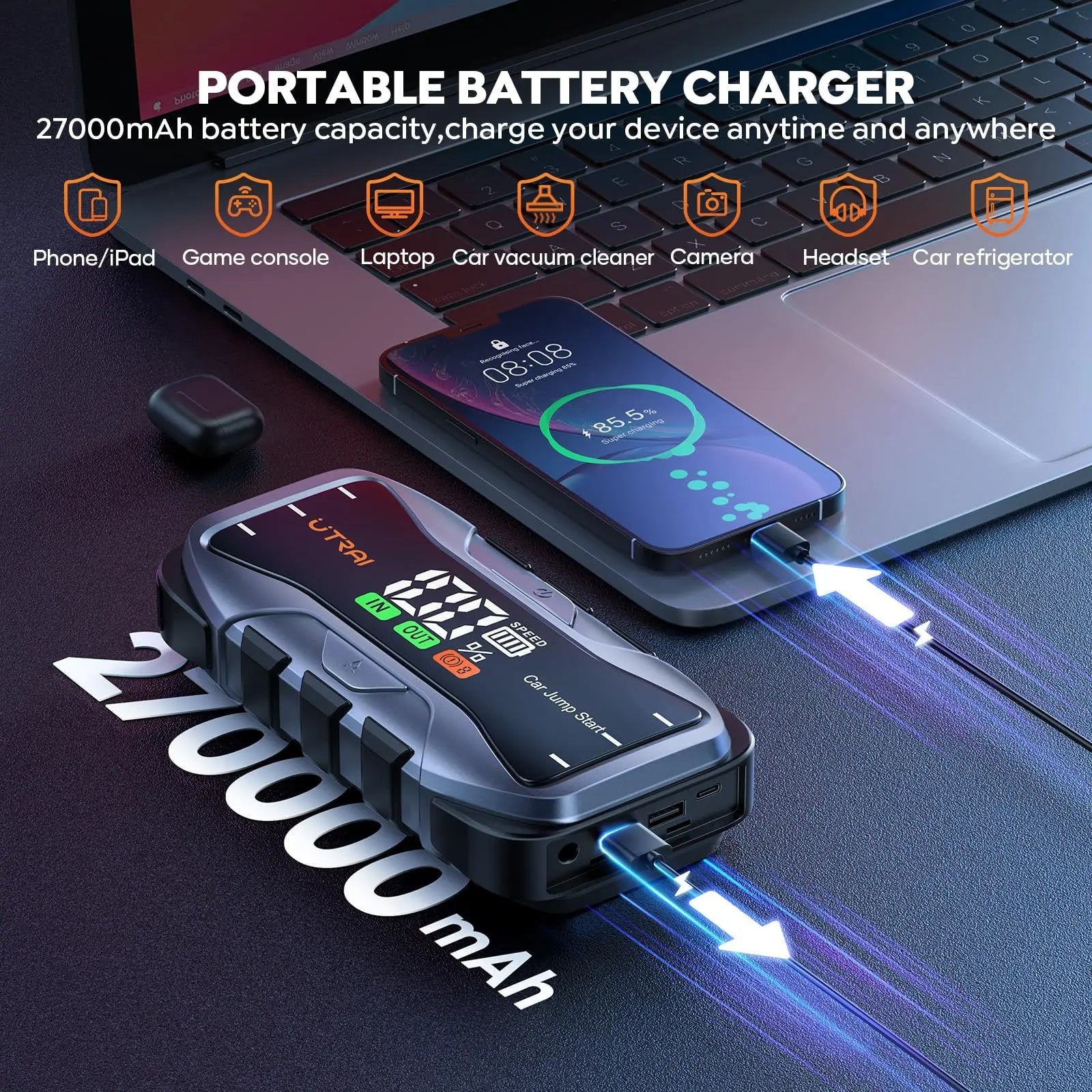 6000A Jump Starter, Battery Jumper Starter Portable,65W Fast Charge 12V Lithium Jump Box,Powerful Auto Battery Booster Pack with LCD Display,Flashlight,Storage Case (All Gas/12L Diesel Engine) - North State Signs & Printing