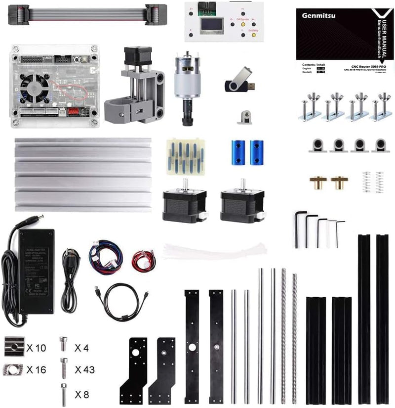 Genmitsu CNC 3018-PRO Router Kit GRBL Control 3 Axis Plastic Acrylic PCB PVC Wood Carving Milling Engraving Machine, XYZ Working Area 300x180x45mm