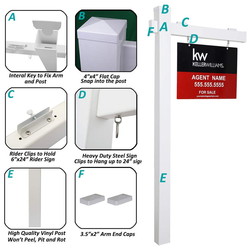 Kdgarden Vinyl PVC 6-Feet Real Estate Sign Post, Realtor Yard Sign Post for Open House and Home for Sale, 47" Arm Holds Up to 36" Sign, White with Flat Cap(No Sign)