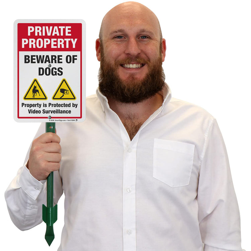 Private Property Beware of Dogs Sign with Stake | SmartSign 21" Tall Sign & Stake Kit - Property Protected by Video Surveillance Sign For Yard/Lawn | 10x7 Inches Aluminum Metal Sign, Made in USA