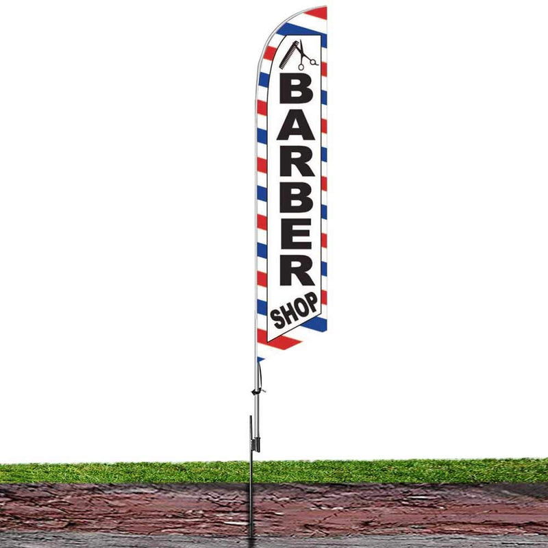 Barber Shop (White) Feather Flag Cobb Promo Eye Catching Feather Banner Sign for Business and Marketing Complete Set with 15 ft Pole Kit and Ground Spike