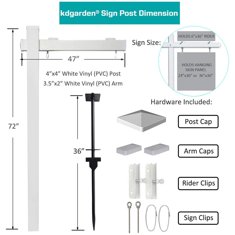 Kdgarden Vinyl PVC 6-Feet Real Estate Sign Post, Realtor Yard Sign Post for Open House and Home for Sale, 47" Arm Holds Up to 36" Sign, White with Flat Cap(No Sign)