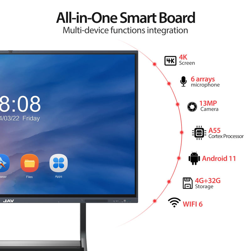 Smart Board 98" Interactive Whiteboard 4K Touchscreen JAV , Digital Presentation Electronic Smart Whiteboard Built-in Camera for Classroom Home Office Studio (Wall Mount Included)