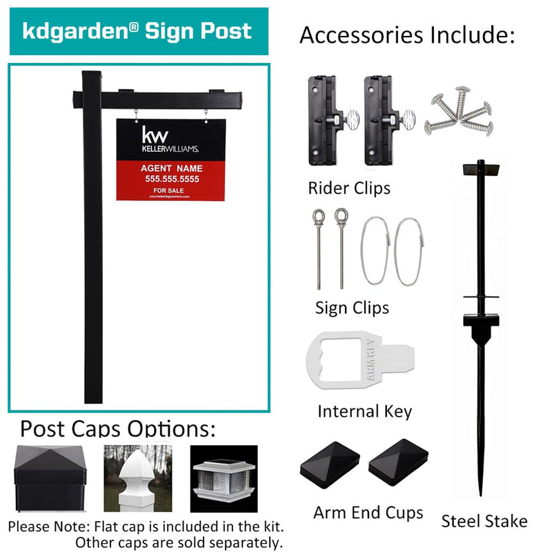 Kdgarden Vinyl PVC 6-Feet Black Real Estate Sign Post with Flat Cap, Realtor Yard Sign Post for Open House and Home for Sale, 47" Arm Holds Up to 36" Sign(No Sign), 2-PACK