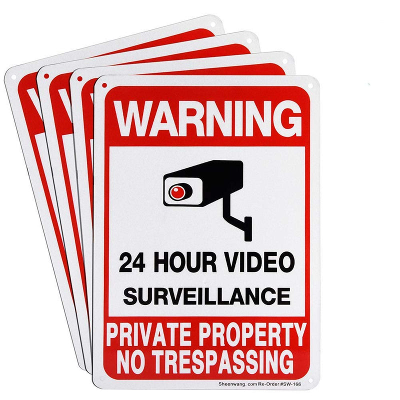 Private Property No Trespassing Sign, Sheenwang 4-Pack, Video Surveillance Signs Outdoor, UV Printed .040 Mil Rust Free Aluminum 10 x 7 in, Security Camera Sign for Home, Business, Driveway Alert, CCTV