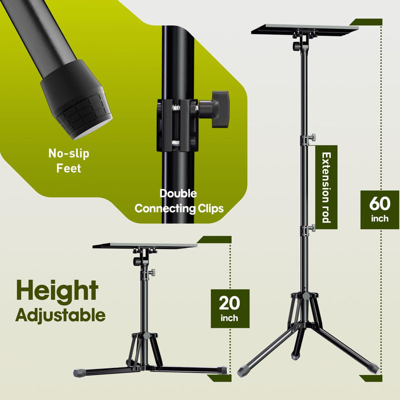 Projector Stand Laptop Tripod Stand, Portable Stand Adjustable Height 20 to 60 Inch, Projector Stand with Gooseneck Phone Holder ＆ Mouse Tray, Laptop Floor Stand for Podium, Home, Studio, DJ Racks