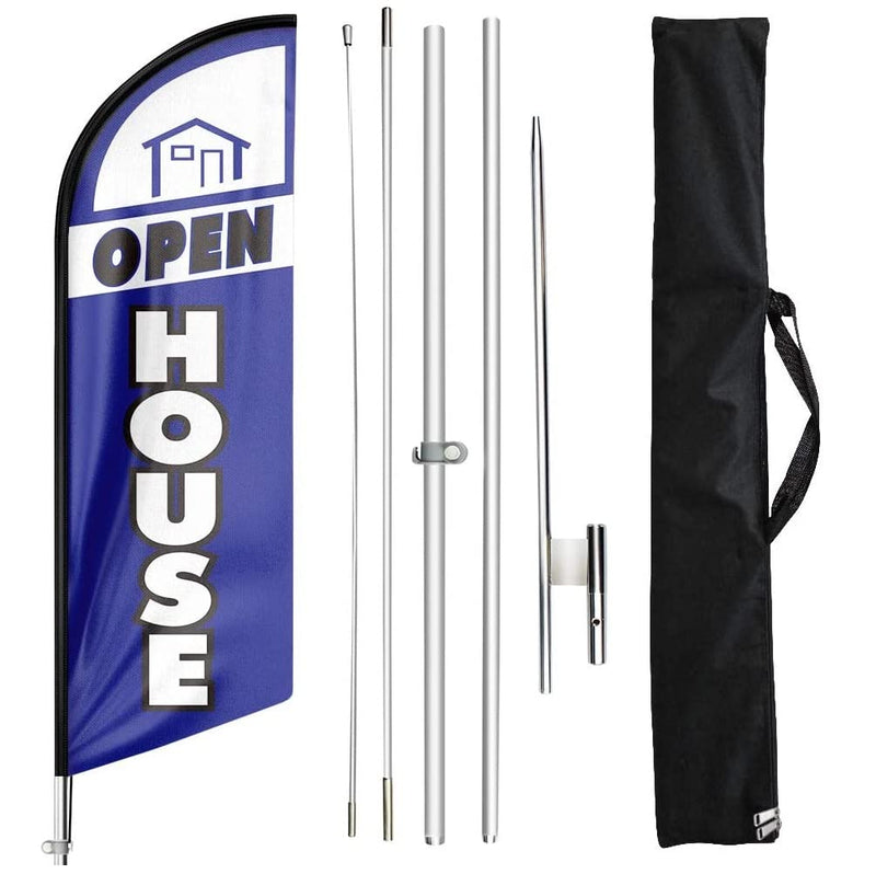 Open House Signs for Real Estate Agents, Open House Flag Pole Kit and Ground Stake, 11 FT Feather Flag Banner for Outside Business Advertising, Open House Flags for Real Estate (Blue)