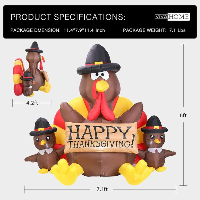 VIVOHOME 6ft Height Happy Thanksgiving Inflatable LED Lighted Turkey Family Blow up Outdoor Lawn Yard Decoration