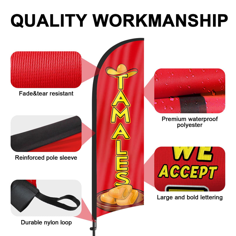 Tamales Advertising Swooper Flag Banner, Tamales Feather Flag with Flag Pole and Ground Stake, Advertising Feather Banner Sign for Tamales Business 8Ft