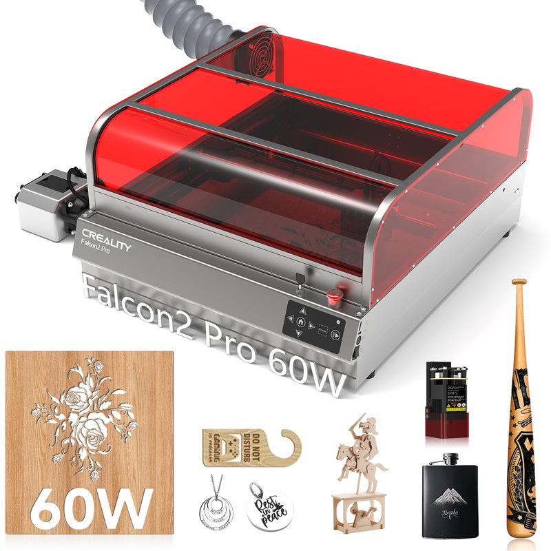 Creality Laser Engraver Enclosed, Falcon2 Pro 60W Output Laser Engraving Machine, 25000mm/min Speed Laser Cutter with Air Assist, Auto Fan, Camera Positioning for Wood and Metal