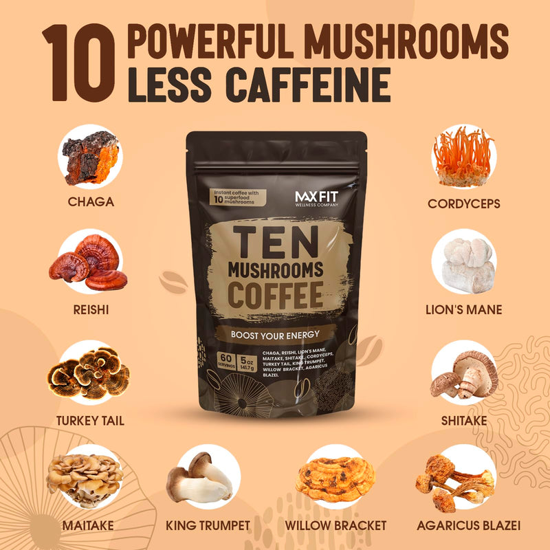 Mushroom Coffee Organic (60 Servings) 10 Mushrooms (Lion’s Mane, Cordyceps, Turkey Tail & Other) Mixed With Gourmet Arabica Instant Immune Boosting Coffee for Focus & Gut Health Support