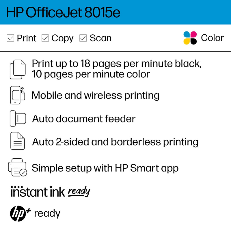 HP OfficeJet 8015e Wireless Color All-in-One Printer, 3 months of Instant Ink included