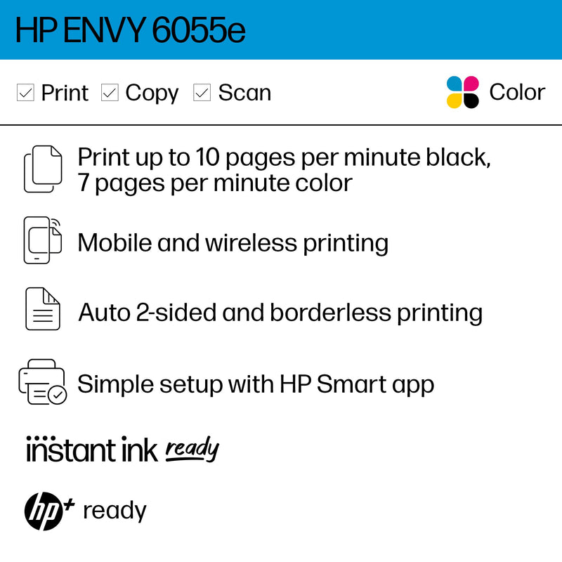 HP ENVY 6055e Wireless Color Inkjet Printer, Print, scan, copy, Easy setup, Mobile printing, Best-for-home, 3 months of Instant Ink included,white