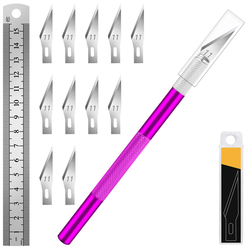 Exacto Knife DIYSELF 1 Pcs Craft Hobby Knife 11 Pcs Stainless Steel Blade Kit, 1pcs Steel 15CM Ruler for Art, Scrapbooking, Stencil (Purple)