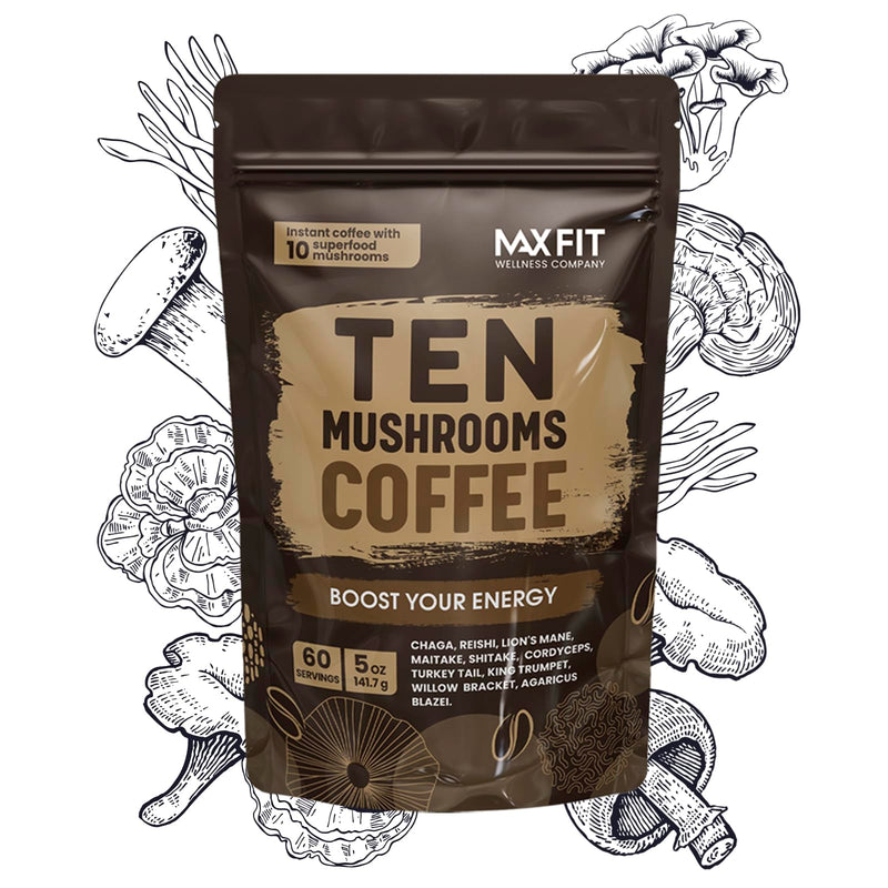 Mushroom Coffee Organic (60 Servings) 10 Mushrooms (Lion’s Mane, Cordyceps, Turkey Tail & Other) Mixed With Gourmet Arabica Instant Immune Boosting Coffee for Focus & Gut Health Support