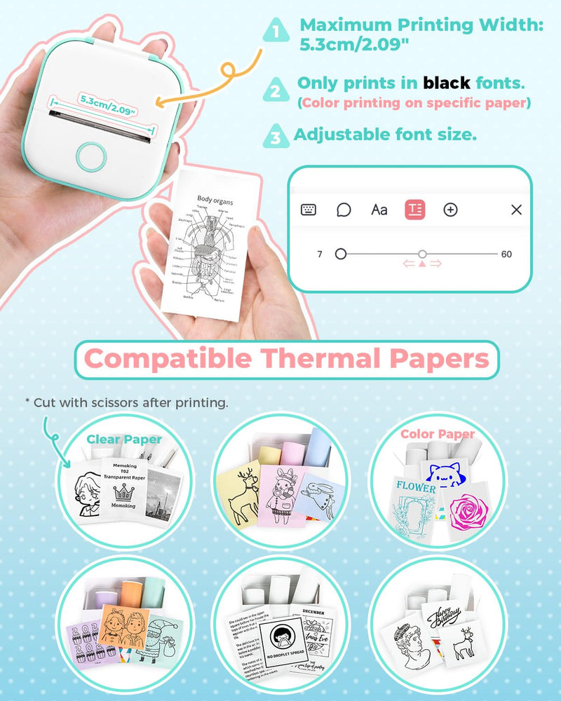 Memoking Print Pods Mini Printer - Sticker Printer T02 Portable Thermal Printer Inkless Sticker Maker Machine Bluetooth Pocket Printer Phone Printer for Study Graphics, Anatomical Diagrams, Photos