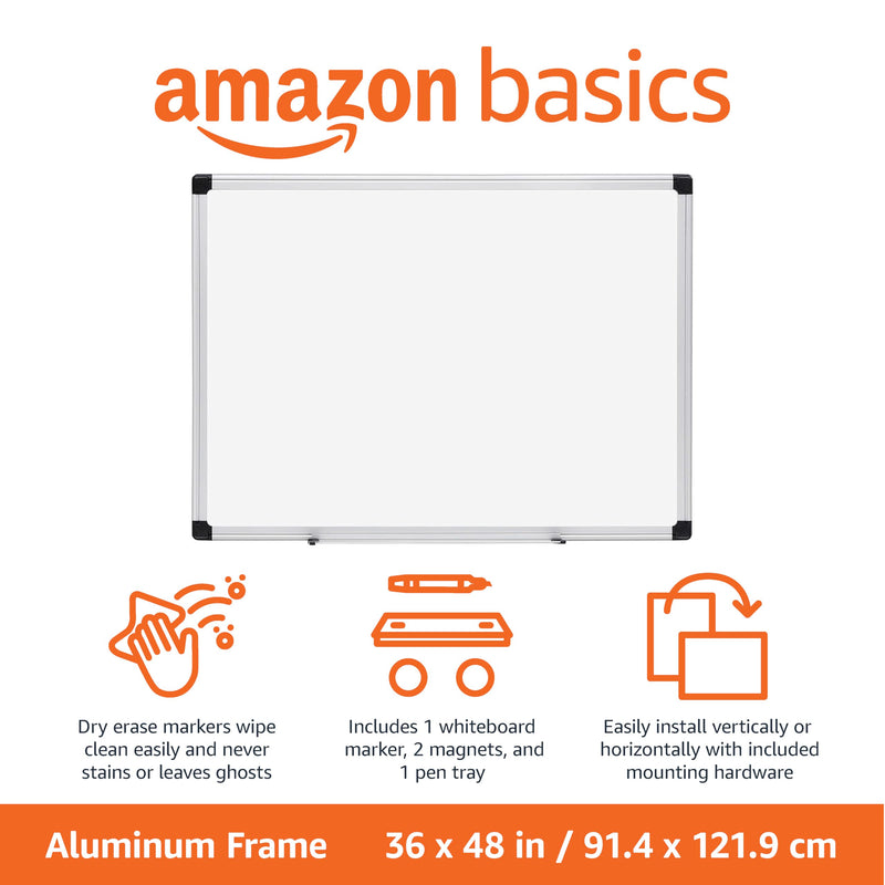 Amazon Basics Magnetic Whiteboard/Dry Erase Board, 36 x 48-inch, Aluminum Frame, Silver/White