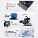 VEVOR Pro 15x15 Heat Press with 30 OZ Tumbler Attachment, 8in1 Combo Tumbler Hat Heat Press for T-Shirts, Tumblers Glass Cans Mugs Hats Caps, and Plates (Black & Blue)