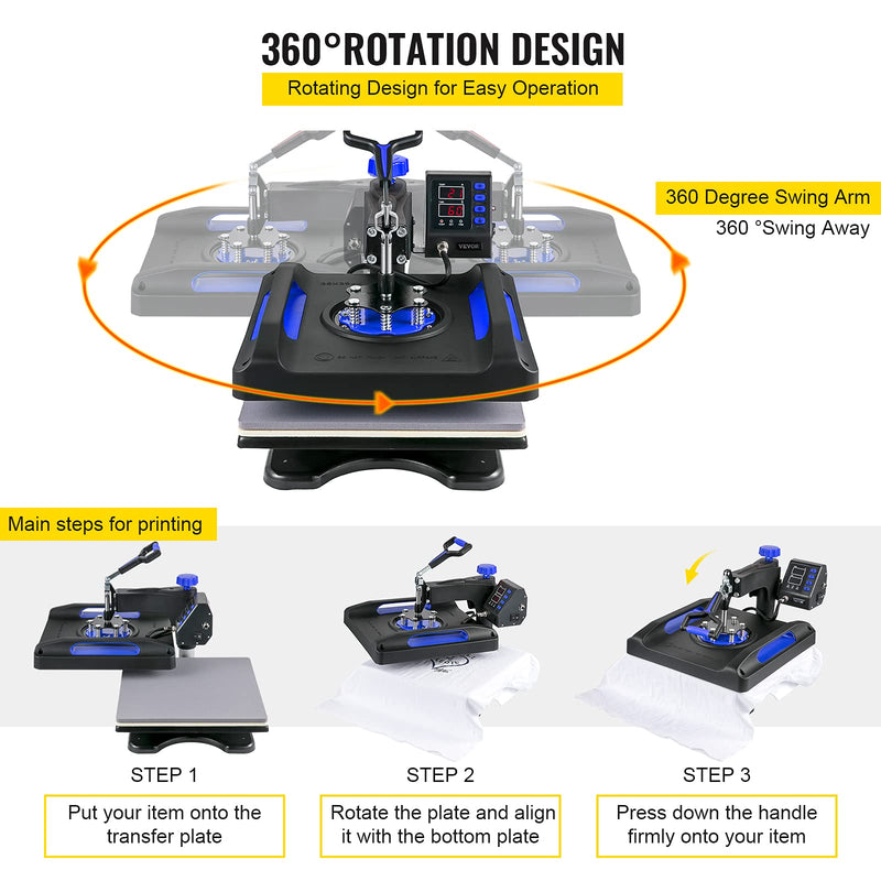 VEVOR 8 in 1 Heat Press Machine 15x15 Inch, 360° Swing Away Shirt Press Machine - Digital Professional Heat Transfer Tshirt Press Machine, Sublimation Heat Press for T Shirts Hat Cap Mug Plate Blue