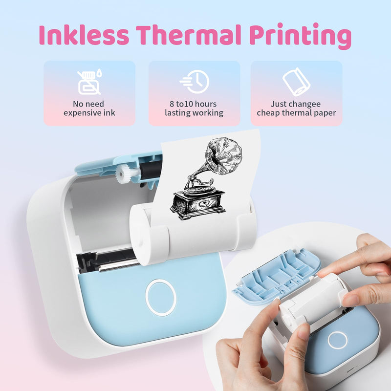 Ponek Print Pods Mini Printer - Sticker Printer Machine, T02 Mini Pocket Printers Portable Thermal Printer Inkless Sticker, Mini Printer with 3 Rolls Thermal Paper for Study Note,Journal, Memo