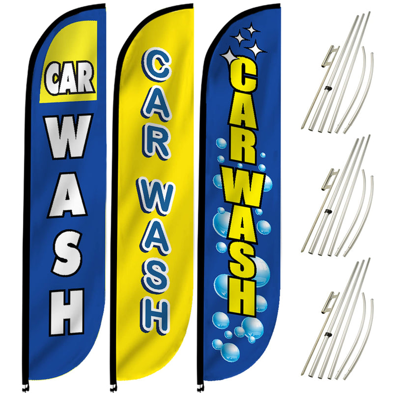 LookOurWay 12-Feet Tall Car Wash Themed Feather Flag Banner for Business Advertising 3-Pack: Includes 3 Banner Flags, 3 Telescopic Pole Sets, and 3 Ground Spikes (10M1200045, 10M1200111, 10M1200046)