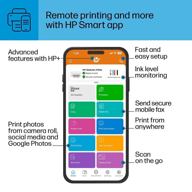 HP DeskJet 2734e Wireless Color All-in-One Printer with 3 Months Free Ink (26K72A), White