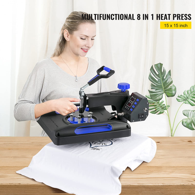 VEVOR 8 in 1 Heat Press Machine 15x15 Inch, 360° Swing Away Shirt Press Machine - Digital Professional Heat Transfer Tshirt Press Machine, Sublimation Heat Press for T Shirts Hat Cap Mug Plate Blue