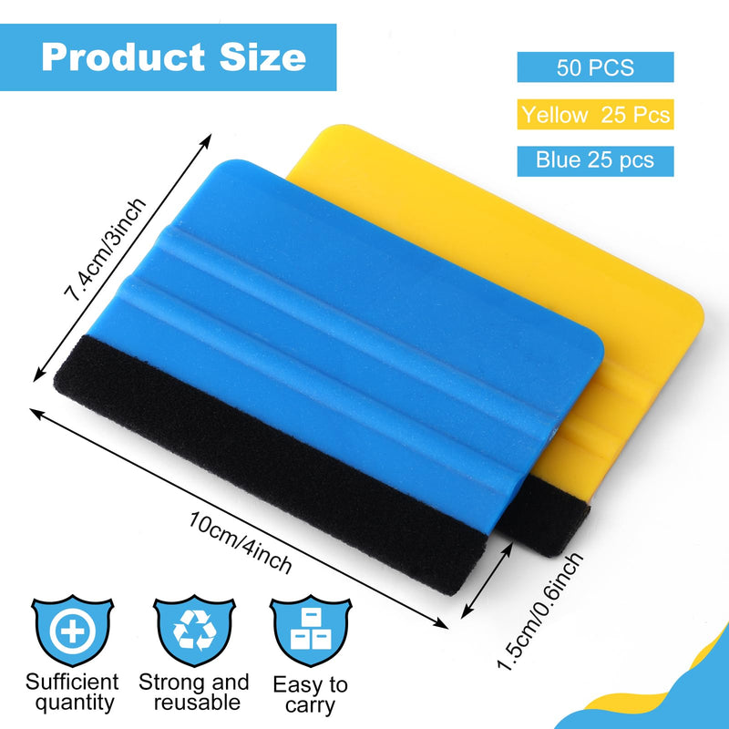 Plastic Vinyl Squeegee, 4 Inch, Lasnten 50 Pcs, Felt Edge Squeegee for Car Window Windshield Glass Cleaning Tool, Vinyl Scraper Decal, Applicator Tool with Black Fabric Felt Edge, Blue Yellow