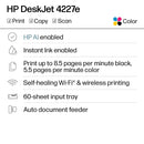 HP DeskJet 4227e Wireless All-in-One Color Inkjet Printer, Scanner, Copier, Best-for-Home, 3 Month Instant Ink Trial Included, AI-Enabled (6W7F0A)