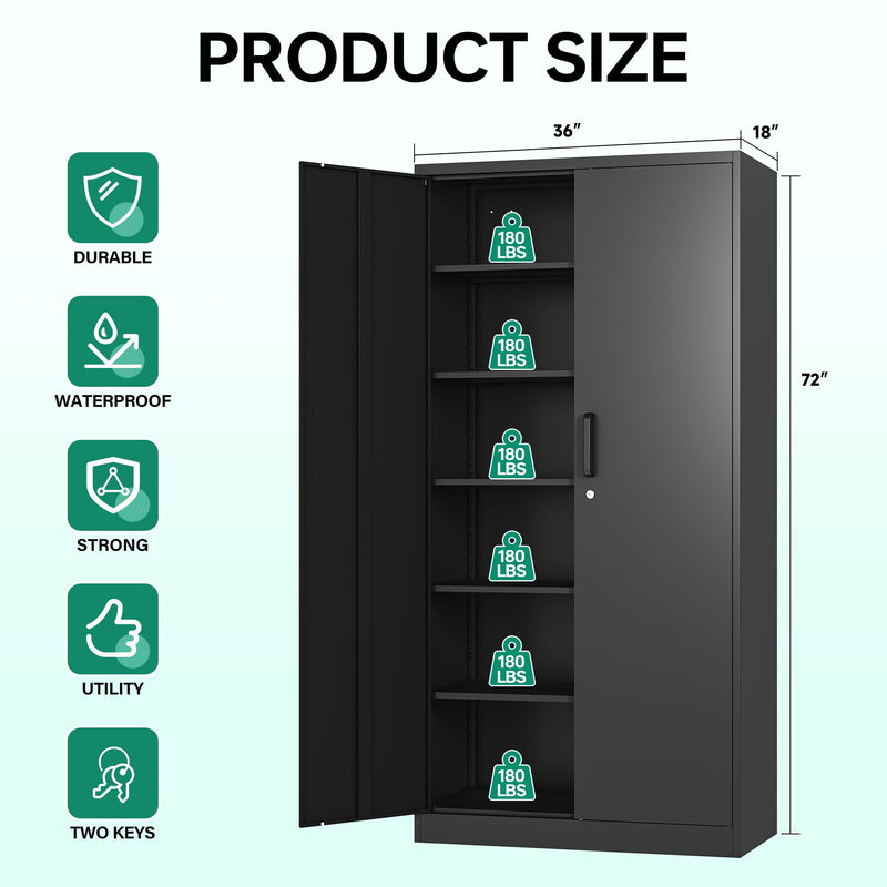 Metal Garage Storage Cabinets with Lock-72 Tall Tool Organizer Steel Lockers, Letaya, 5 Adjustable Layers Shelves for Home,Office,Warehouse,Garage,(Black-72“)