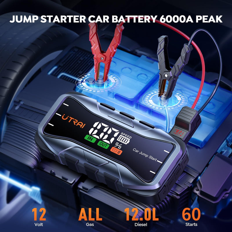 6000A Jump Starter, Battery Jumper Starter Portable,65W Fast Charge 12V Lithium Jump Box,Powerful Auto Battery Booster Pack with LCD Display,Flashlight,Storage Case (All Gas/12L Diesel Engine)